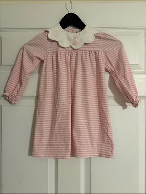 Cecil and Lou Pink Striped Long Sleeve Dress Scalloped Monogram S - Size 4t